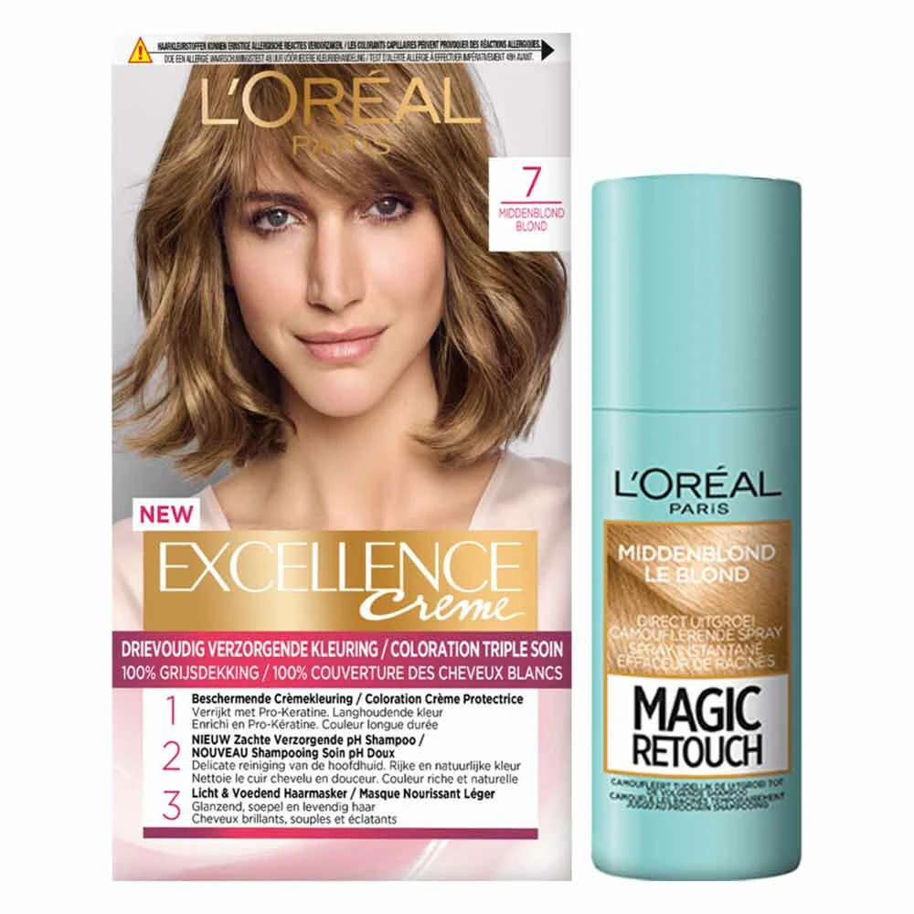 L'Oreal Lu0027Oréal Excellence Creme Haarverf 7 Middenblond + Magic Retouch Uitgroeispray Middenblond 75 M Pakket 3 L'Oreal Lu0027Oréal Excellence Creme Haarverf 7 Middenblond + Magic Retouch Uitgroeispray Middenblond 75 M Pakket