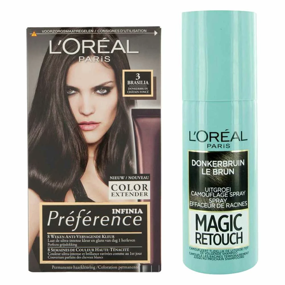 L'Oreal Lu0027Oréal Preference Haarkleuring 03 Brasilia - Donkerbruin + Magic Retouch Uitgroeispray Bruin 75 M Pakket 3 L'Oreal Lu0027Oréal Preference Haarkleuring 03 Brasilia - Donkerbruin + Magic Retouch Uitgroeispray Bruin 75 M Pakket