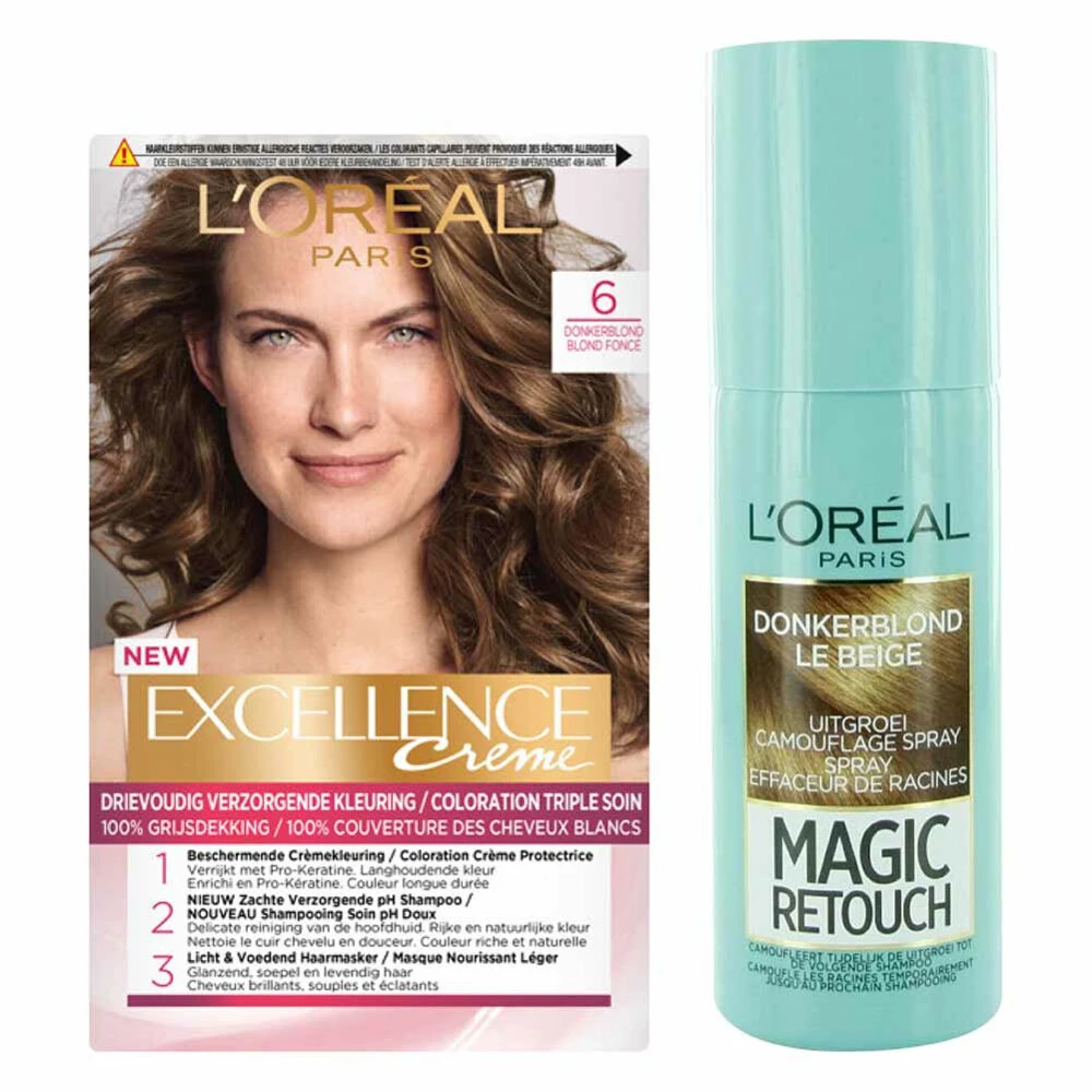 L'Oreal Lu0027Oréal Excellence Creme 6 Donker Blond + Magic Retouch Uitgroeispray Donkerblond 75 Ml Pakket 3 L'Oreal Lu0027Oréal Excellence Creme 6 Donker Blond + Magic Retouch Uitgroeispray Donkerblond 75 Ml Pakket