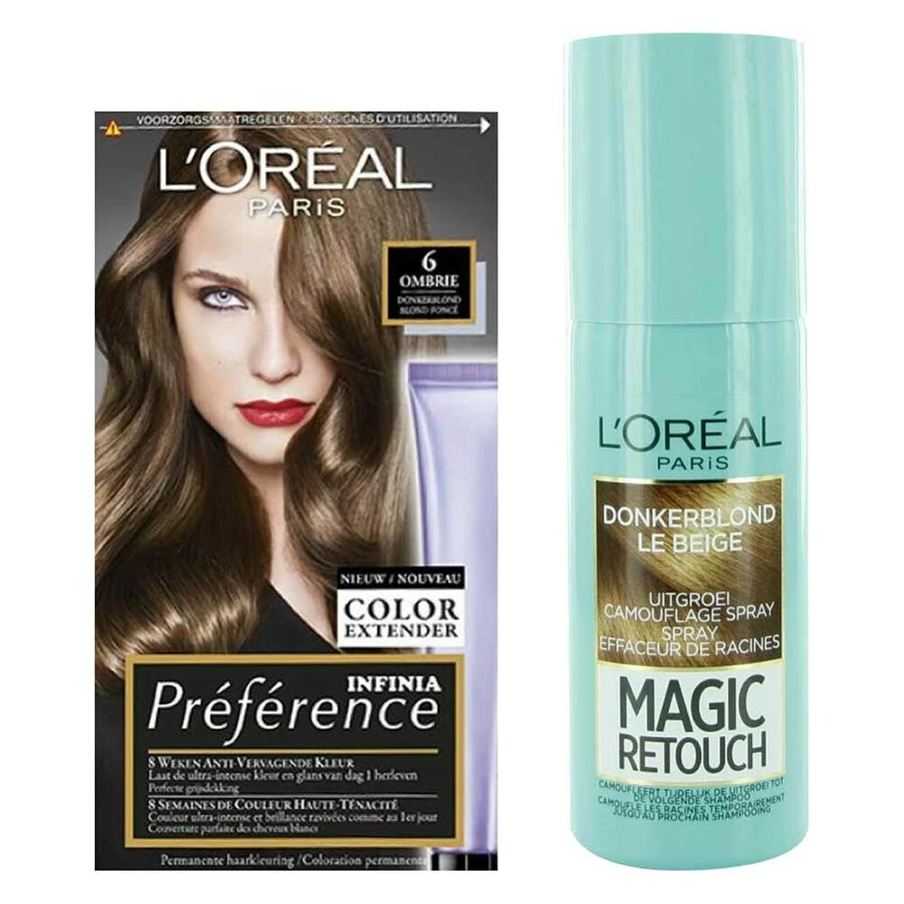 L'Oreal Lu0027Oréal Preference Haarkleuring 06 Ombrie - Donkerblond + Magic Retouch Uitgroeispray Donkerblond 75 Ml Pakket 3 L'Oreal Lu0027Oréal Preference Haarkleuring 06 Ombrie - Donkerblond + Magic Retouch Uitgroeispray Donkerblond 75 Ml Pakket