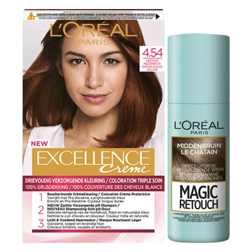 L'Oreal Lu0027Oréal Excellence Creme Haarverf 4.54 Kastanje Middenbruin + Magic Retouch Uitgroeispray Middenbruin 75 Ml Pakket 3 L'Oreal Lu0027Oréal Excellence Creme Haarverf 4.54 Kastanje Middenbruin + Magic Retouch Uitgroeispray Middenbruin 75 Ml Pakket
