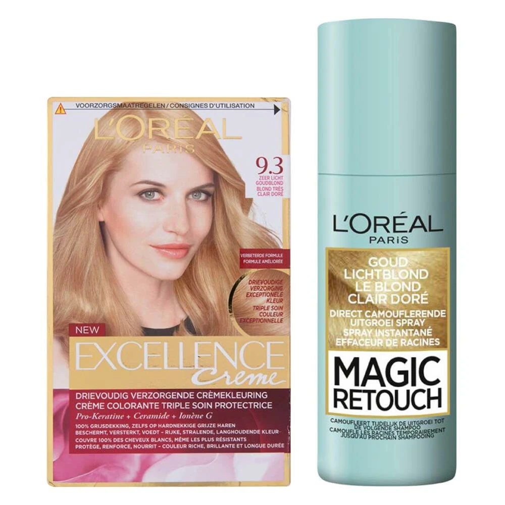 L'Oreal Lu0027Oréal Excellence Creme 9.3 Zeer Licht Goudblond + Magic Retouch Uitgroeispray Blond 75 Ml Pakket 3 L'Oreal Lu0027Oréal Excellence Creme 9.3 Zeer Licht Goudblond + Magic Retouch Uitgroeispray Blond 75 Ml Pakket