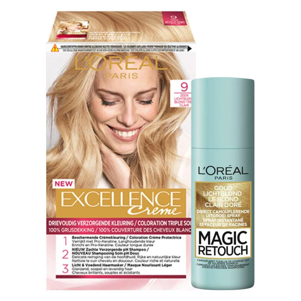 L'Oreal Lu0027Oréal Excellence Creme 9 Zeer Licht Blond + Magic Retouch Uitgroeispray Blond 75 Ml Pakket 3 L'Oreal Lu0027Oréal Excellence Creme 9 Zeer Licht Blond + Magic Retouch Uitgroeispray Blond 75 Ml Pakket