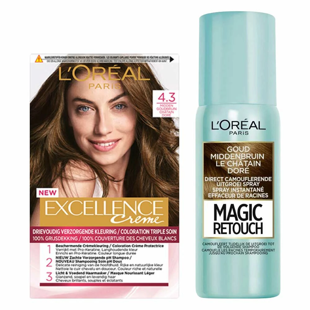 L'Oreal Lu0027Oréal Excellence Creme Midden Goudbruin + Uitgroeispray Pakket 3 L'Oreal Lu0027Oréal Excellence Creme Midden Goudbruin + Uitgroeispray Pakket